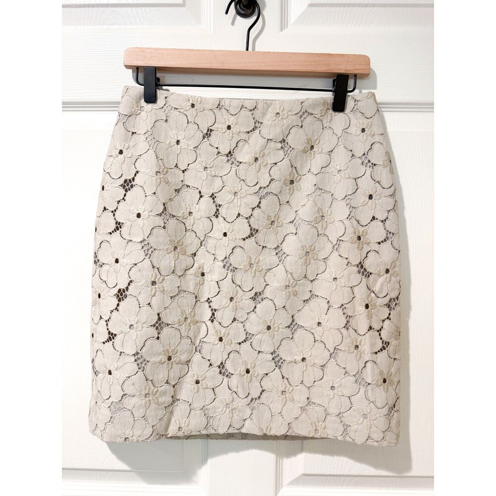 Ann Taylor Petite Floral Lace Embroidered Lined Skirt Taupe Career Spring 8 P